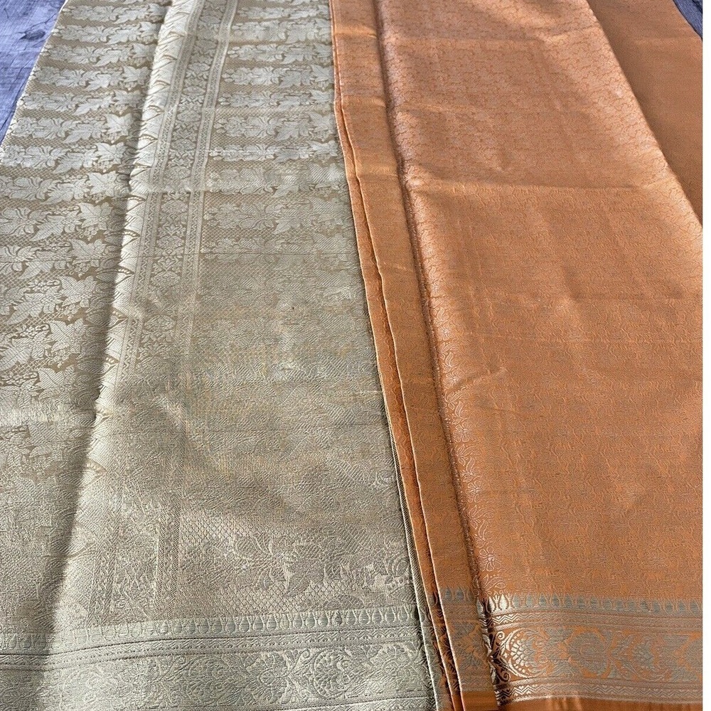 NEW Indian Womens Mustard Yellow/Gold Brocade Artificial Silk Sari Saree Crafts